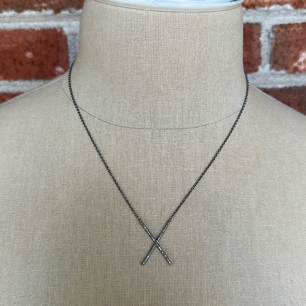Theodosia Jewelry Oxidized Sterling and Pave Diamond X Necklace